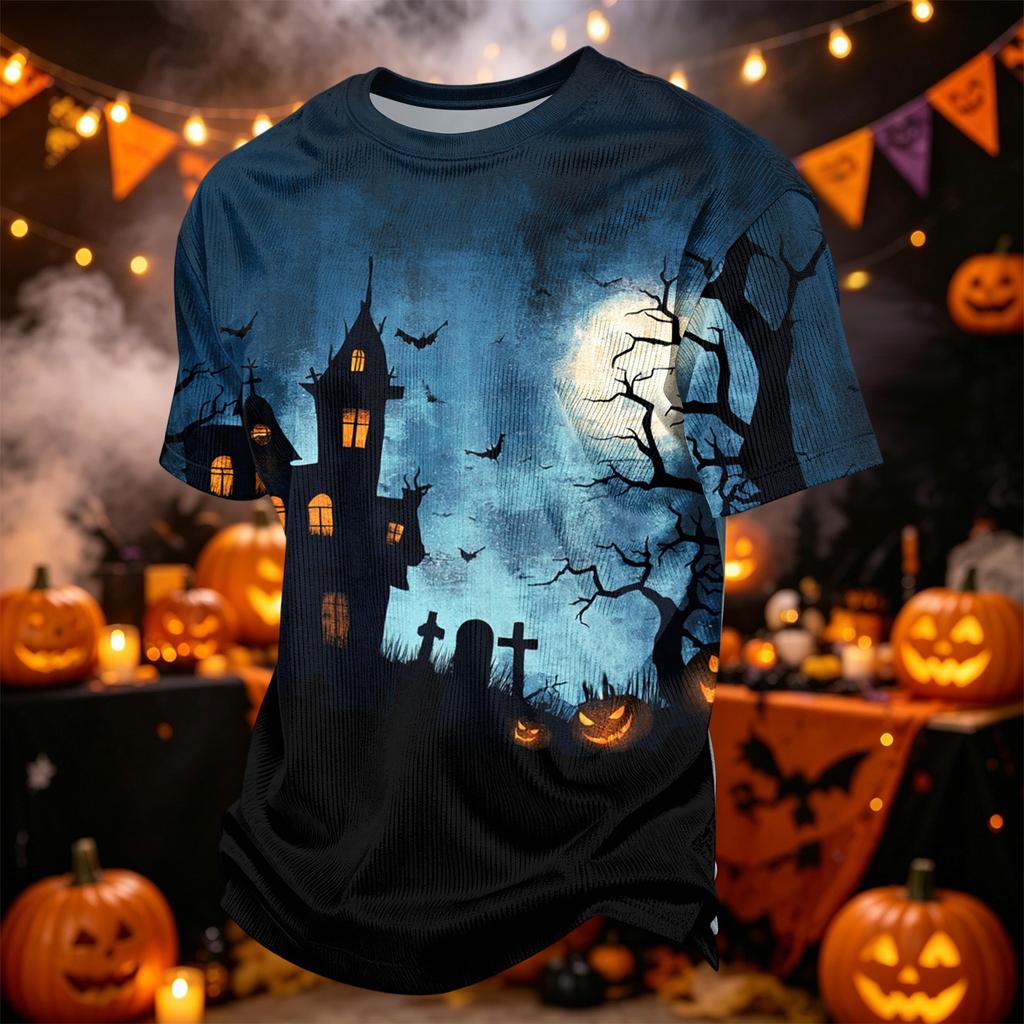 Men's Casual Corduroy Short Sleeve Lightweight Breathable Round Neck Shirt Halloween Print Design Suitable for Everyday Wear