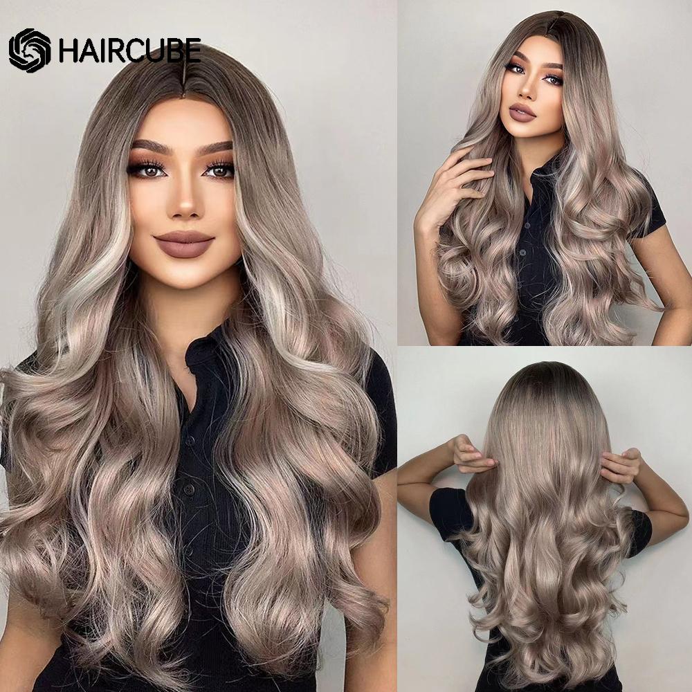 HAIRCUBE White Platinum Mixed Brown Synthetic Wigs Long Wavy Natural Hair Wigs for Women Middle Part Daily Heat Resistant Wigs