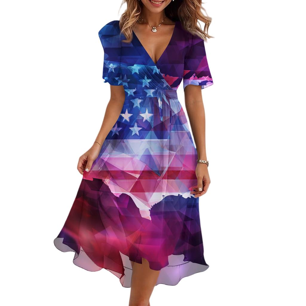 Women's Casual V-Neck Short-Sleeve Independence Day Print Dress
