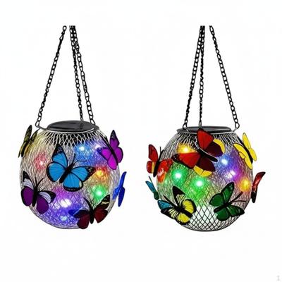 2 Pieces Solar Lantern with Butterflies Multicolor Butterfly Outdoor Light for Garden,