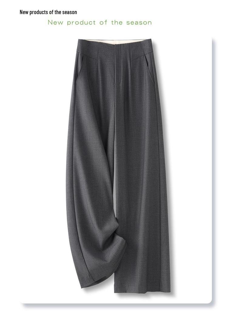 Women's Gray Wide-Leg Drapey Pants - Spring 2025 High-End, Slimming Straight-Leg Trousers