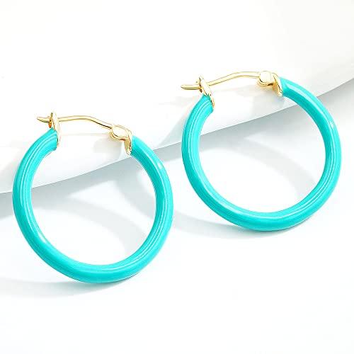 [Takeda Jewelry] Turquoise Blue Loop Earrings, Genuine Enamel Hoop Earrings, Sterling Silver S925, Popular, Enamel Finish, Cute, Simple, Hypoallergeni