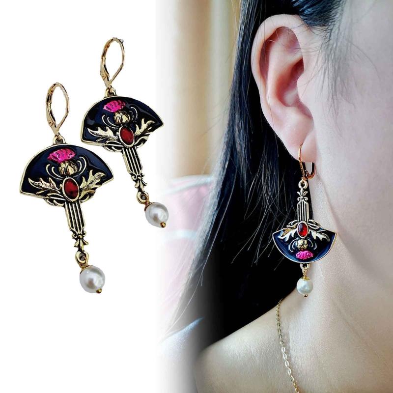 Kolczyki w kształcie wachlarza Granat Kwiaty Wzór Dangle Drop Kolczyk Stylowy Elegancki Perła Wisiorek Kolczyk Biżuteria Prezent