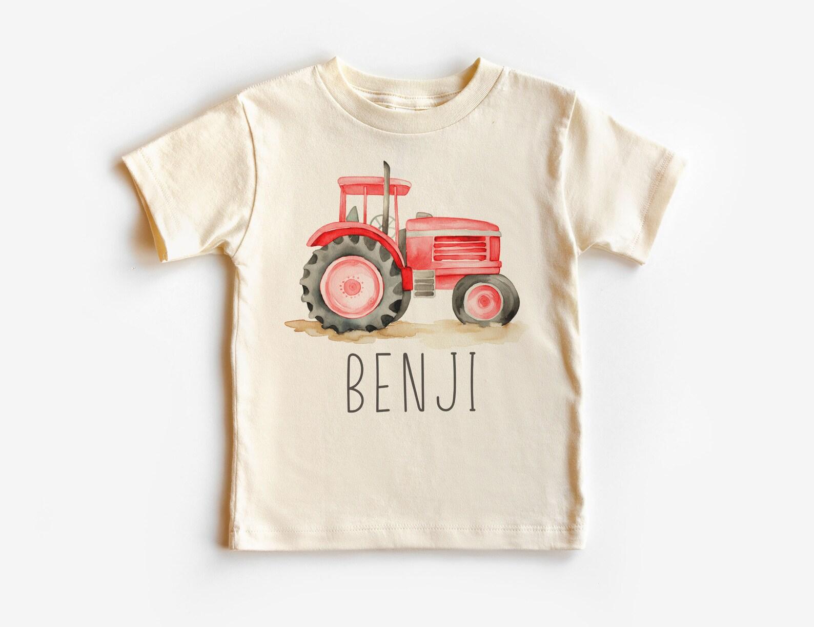 Personalized Red Tractor Unisex Shirt - Cute Custom Name Farmer Farm Tractor Boys Outfit - Boho Natural Kids Shirts 140