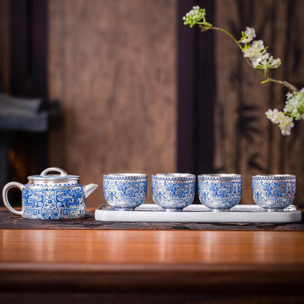 2025 Silver-Plated Ceramic Gongfu Tea Set with Teapot and Cups in Gift Box