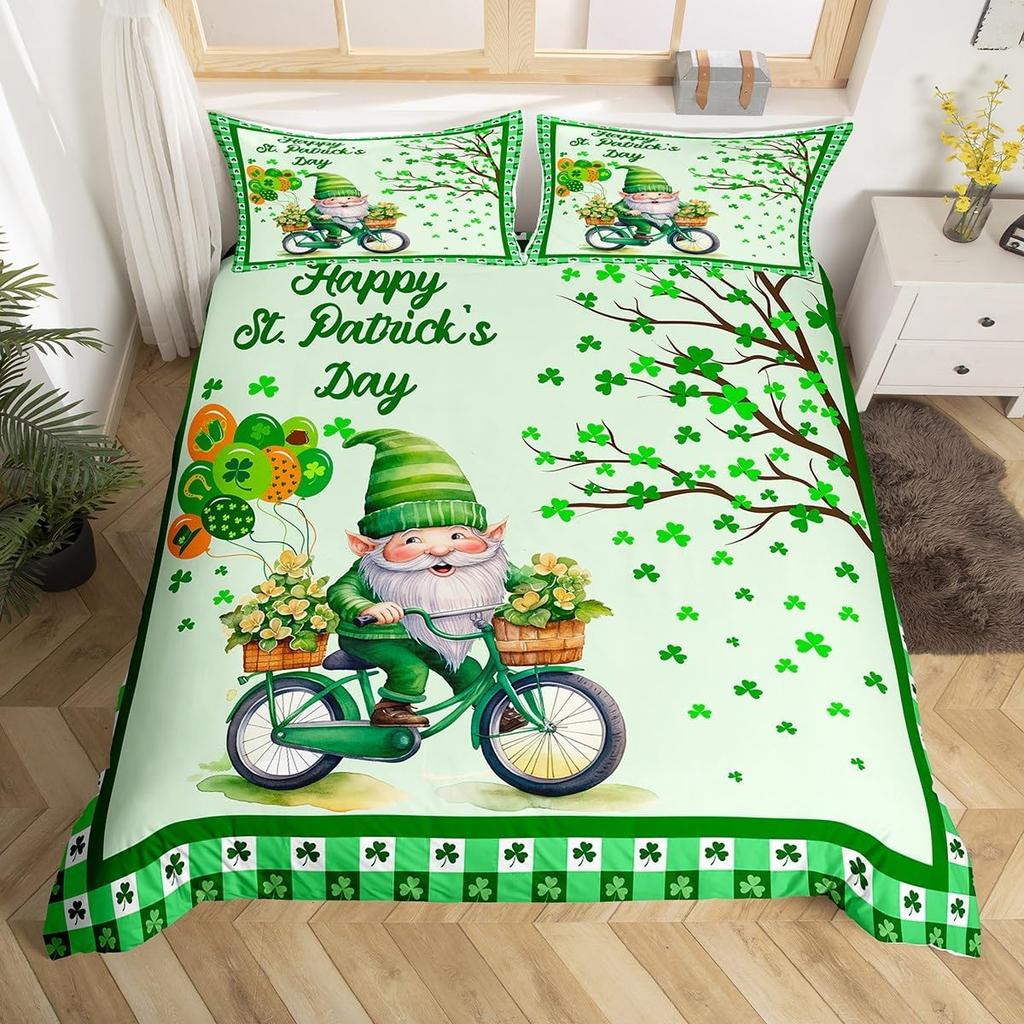 Kids Happy St. Patrick'S Day Duvet Cover Twin Queen Green Clover Comforter Cover With 2 Pillowcases, Colorful Plank Bedding Set