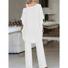 Set Due Pezzi Taglie Forti Manica Pipistrello Orlo Irregolare Top Monospalla e Pantaloni a Gamba Larga