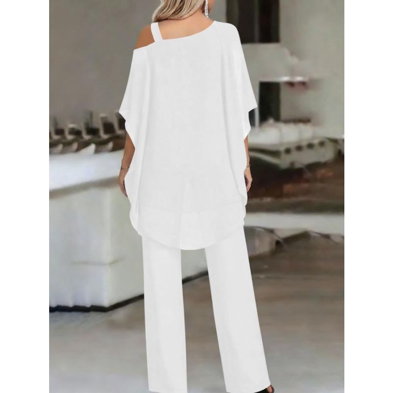 Set Due Pezzi Taglie Forti Manica Pipistrello Orlo Irregolare Top Monospalla e Pantaloni a Gamba Larga