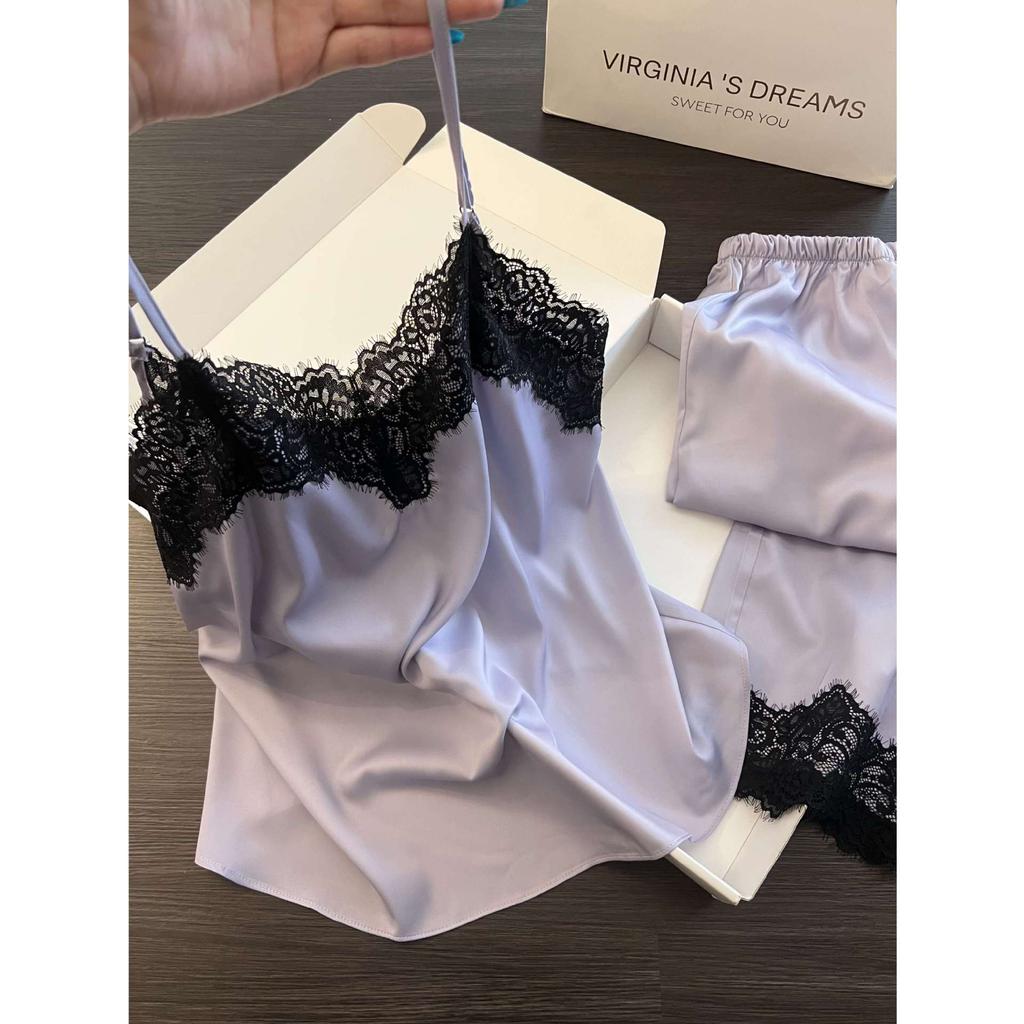 Korean pure lace splicing ice silk pajamas women's summer cool feeling with chest pads, suspenders, trousers, loungewear two-piece set