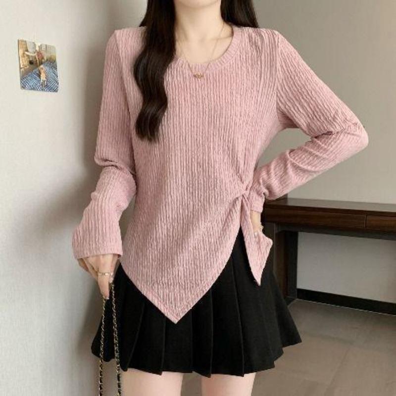 

Large Size Women s Irregular Texture Slit Long-sleeved T-shirt Women s Loose Sweet Top L розовый