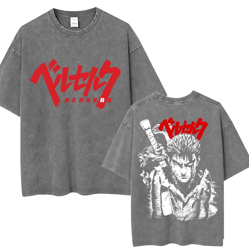 Vintage Washed Anime Berserk Guts T Shirt Swordsman Gatsu Sacrifice Zodd Harajuku TShirt Men Women Loose Cotton Tees Streetwear