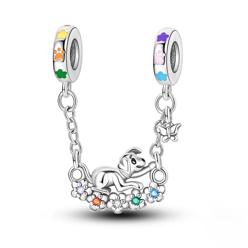 Copper Metal Lovely Purple Charm Bead Components Cat Dog Butterfly Flower Secure Safety Chain Dangle Pendant Bead Components Compatible With 4MM Hole