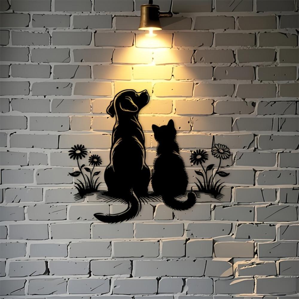 1pc Metal Wall Art Dandelion Dog Cat Black Decor for Living Room Bedroom Balcony Indoor Outdoor Home Farmhouse Gift Animal Lover 11.81inch