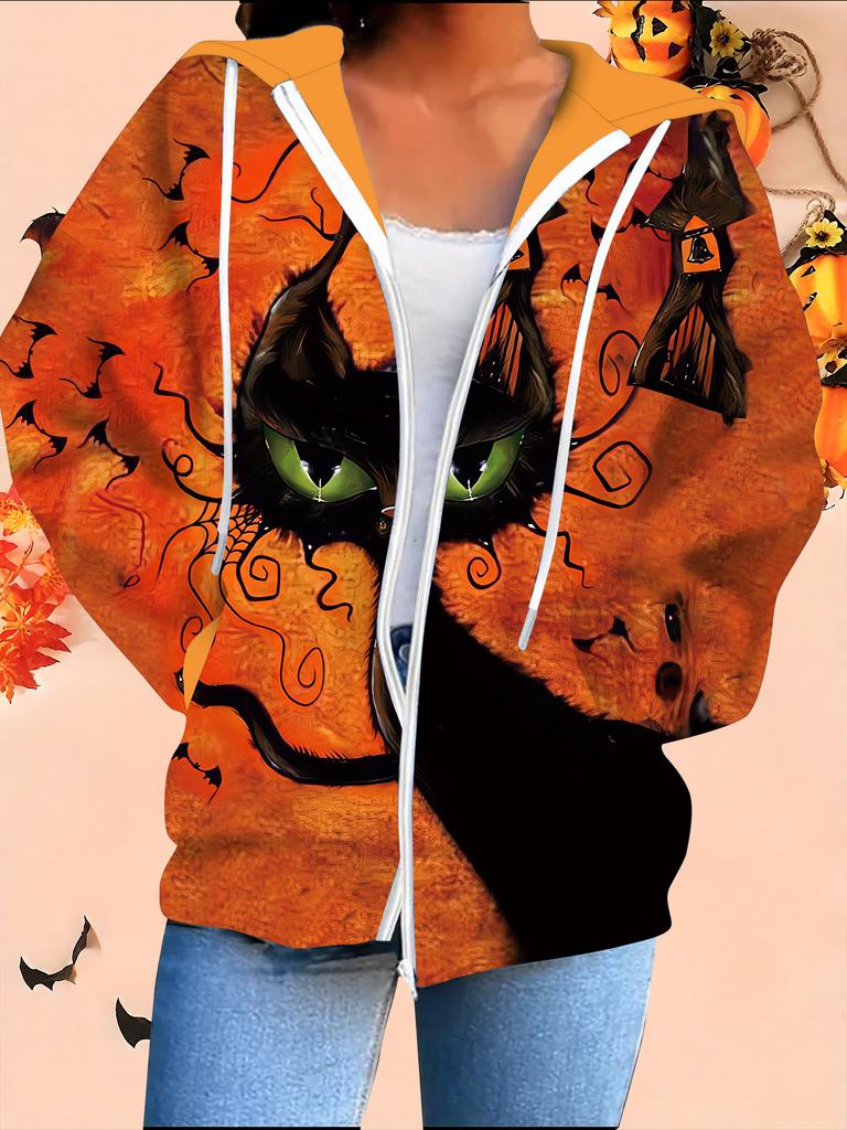 Halloween 3D Printed Hooded Cardigan Plus Size Autumn Winter Retro