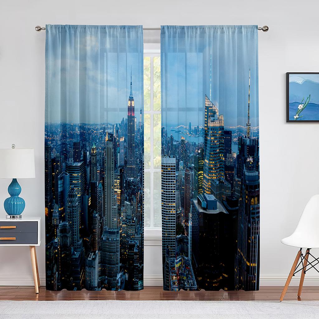 Pejzaż miejski Budynki biznesowe Sylwetki Miasto Tiulowe Zasłony do Dekoracji Salonu Sypialni Przezroczysta Woalowa Zasłona Okienna
