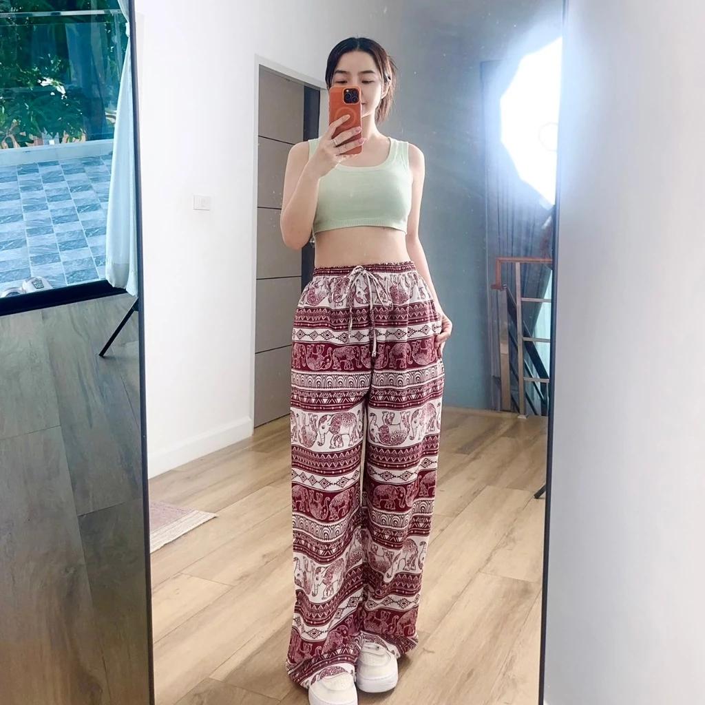 Elephant Pants Women Men Unisex Premium Japanese Silk Print Thailand Casual Streetwear Beach Bohemian Retro Vintage Adjustable Rope Loose Legs