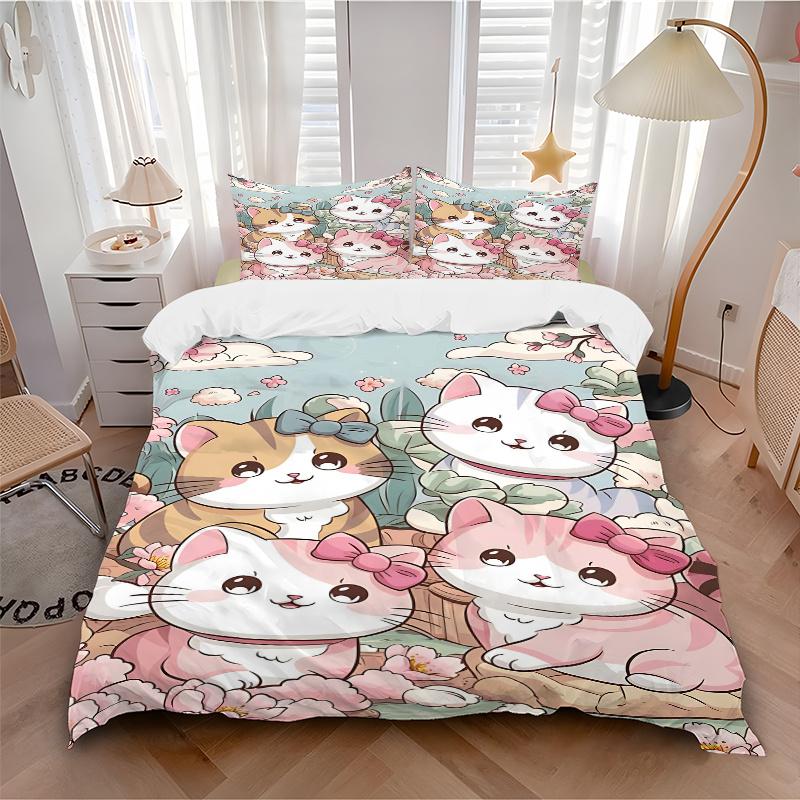 3pcs Cartoon Cute Four Kittens Printed Duvet Cover Set (1 * Cover+2 * Pillowcase, Without Core), Suitable for Home Bedroom, Guest Room, Dormitory
