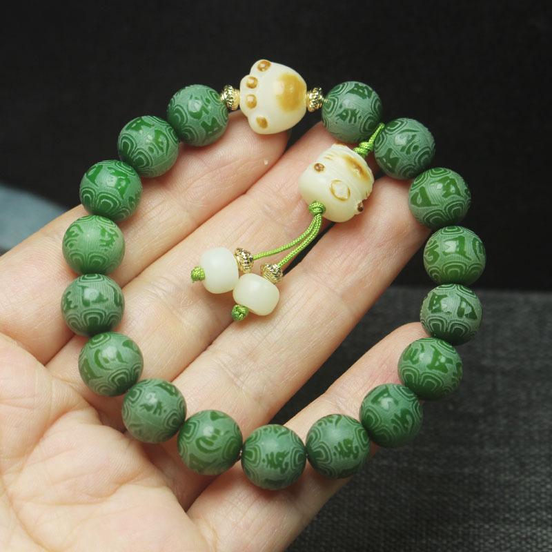 10mm Green Bodhi Root Bracelet, DIY Charcoal Cat & Six Syllable Mantra