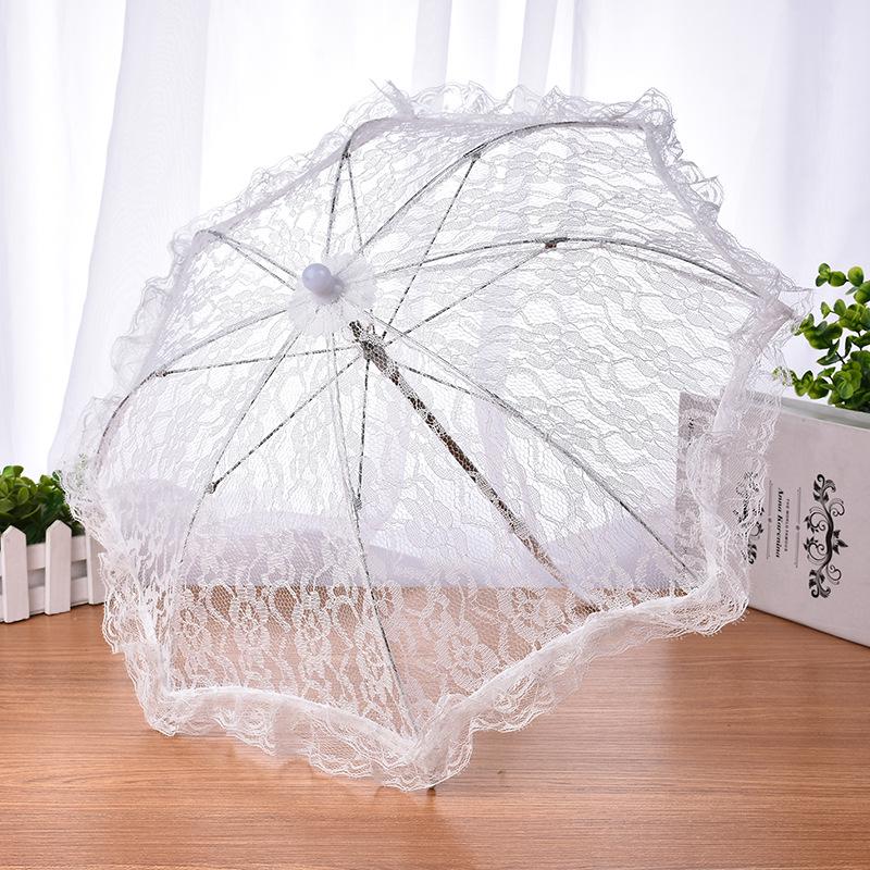 European White Lace Wedding Flower Girl Umbrella - Small Size with Stainless Steel Long Handle.