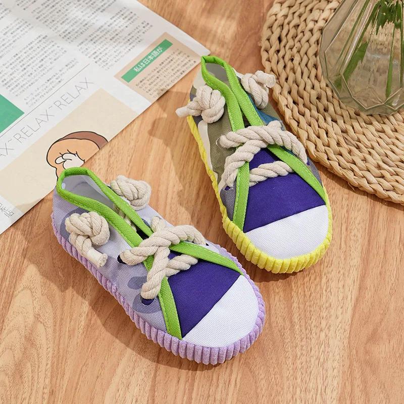 Squeaky Dog Chew Toys for Aggressive Chewers Bite Resistant Canvas Shoes Knot Puppy Chewing Toy Teeth Cleaning Training