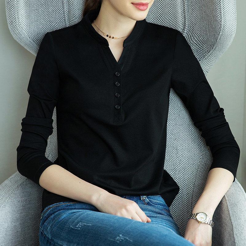 Spring Solid Color Stand Collar T-shirt Ladies Loose Casual Long Sleeve All-match Pullover Top Women's Fashion Cotton Tee