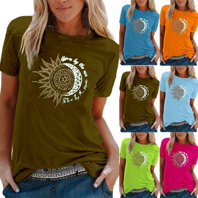 Fashion Women's Sun And Moon Print Loose Comfortable Round Neck Short Sleeve Top