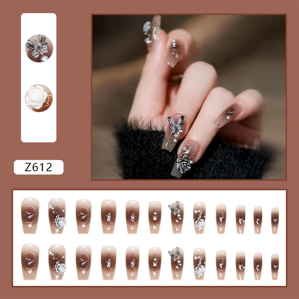 Brown Smudging False Nails with 3D Rose Setting Ultra-flexible Long Lasting Fake Nails for Manicure Lovers and Beauty Bloggers