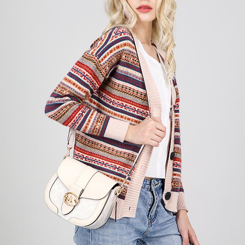 Coach White Signature Canvas Leather Saddle Crossbody Bag With Gold Horse & Carriage Hardware For Daily Use