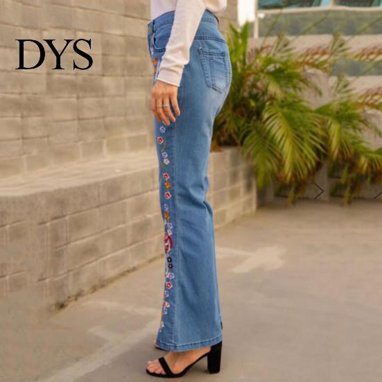Women Mid Waist Jeans Floral Embroidery Flared Leg Button Zipper Closure with Pockets Plus Size Trousers Long for Dating Daily Wear Commuting