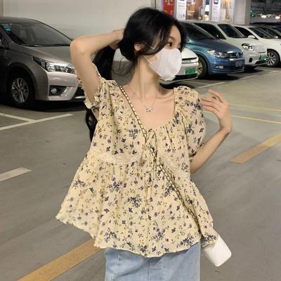Summer French Gentle Style Floral Short Sleeved Shirt Slimming Loose Top for Women