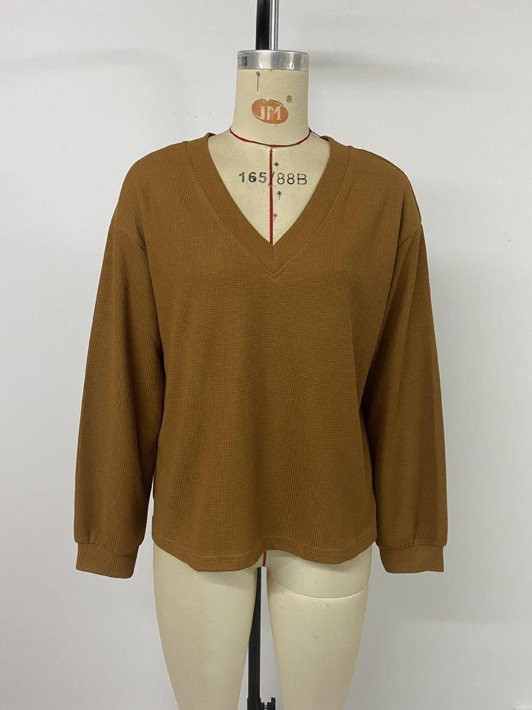 European & American Autumn 2025 Retro V-neck Waffle Long-sleeve Women's Pullover Top