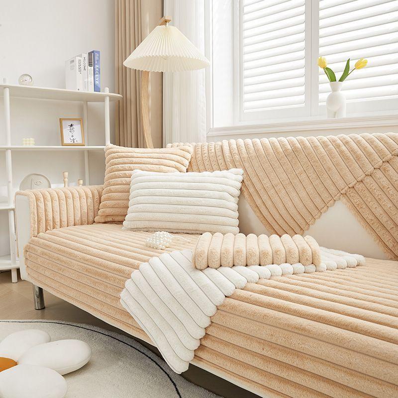 Rabbit Plush Straight Strip Sofa Cover Winter Thicken Plush Sofa Mat Couch Slipcovers for Living Room Solid Anti-slip Sofa Towel