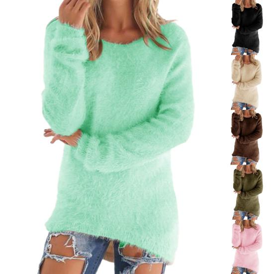 Sweter damski w jednolitym kolorze, miękki, puszysty, z nieregularnym brzegiem, dzianinowy sweter do noszenia na co dzień
