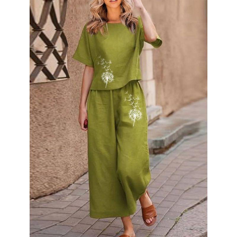 Crew Neck Short Sleeve Sleeve Printed Suit round Neck Short Sleeve Print Cropped Pants Two-piece Set