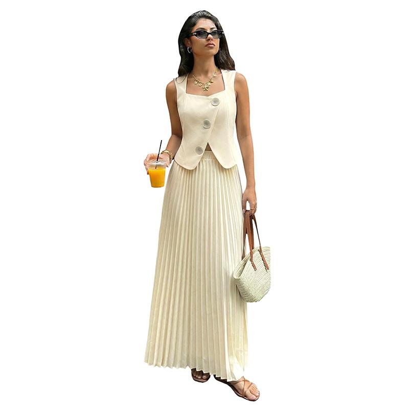 Completi gonna 2 pezzi per donna Gilet con bottoni Top con gonne lunghe plissettate Outfit eleganti per la cena