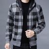 Men Fall Winter Jacket Color Matching Plaid Print Knitted Hooded Zipper Closure