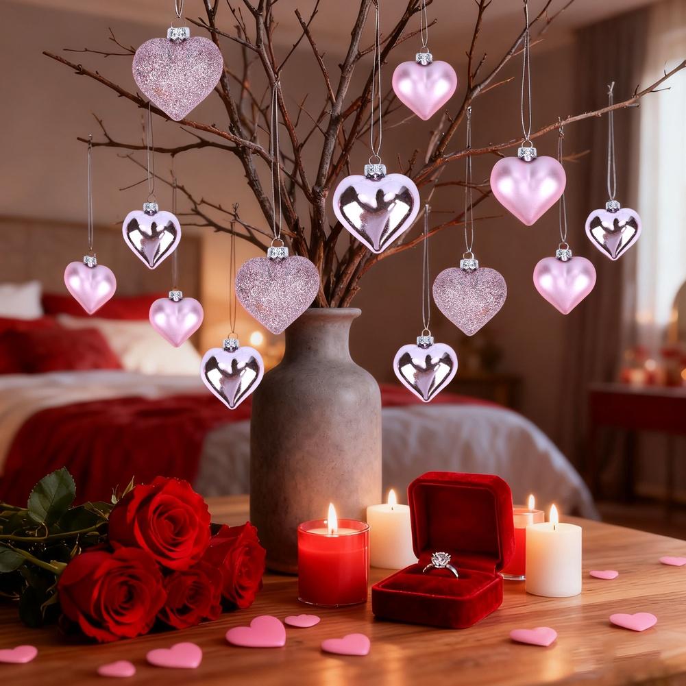 24 pcs Heart Shaped Plastic Ornaments for Christmas Tree and Valentine Party Featuring Electroplated Coating for Festive Use
