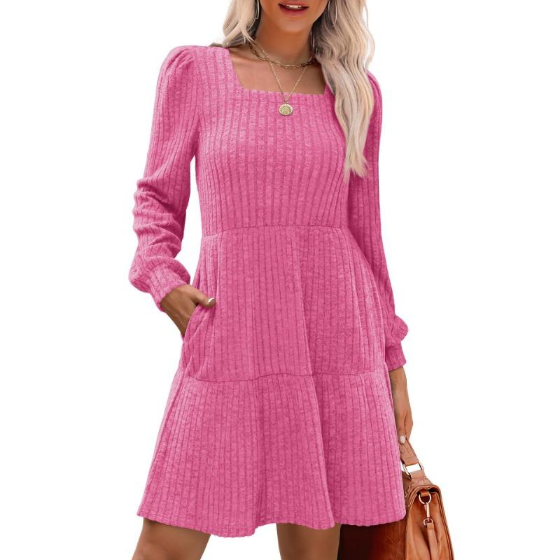Women's Round Neck Pocket Knit Sweater Long Sleeve A-line Dress