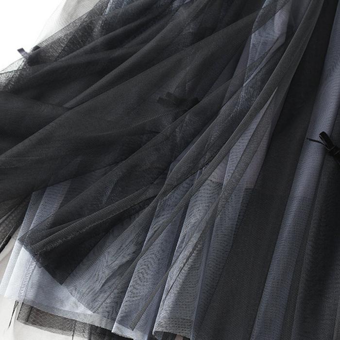 Women Spring Fall High Waist All Match Color Block Mesh A Line Skirt with Bowknot