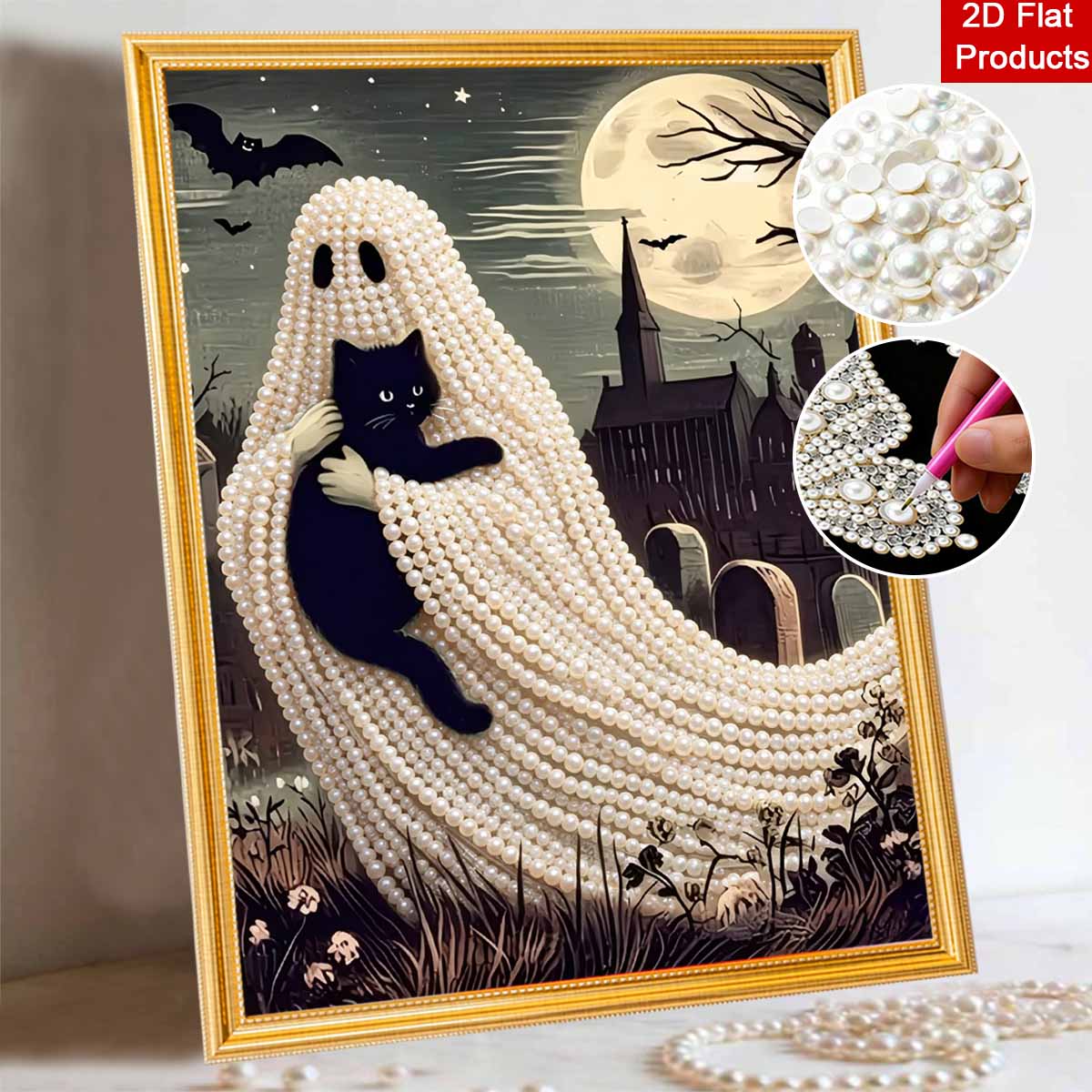 Halloween pearl painting art full pearl black cat moon night handmade diy home decorations 30x40