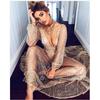 Vestido Largo de Mujer con Lentejuelas Doradas, Cuello en V Profundo, Manga Larga, Espalda Descubierta, Malla Transparente, Cintura con Lazo de Flecos, Elegante para Noche, Cóctel, Invitado a Boda, Formal, Vestido de Graduación