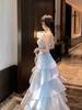 French Blue Glossy Camisole Cake Dress for Girls: Waist-Cinching, Slimming, Perfect for Birthdays & Beach Vacations