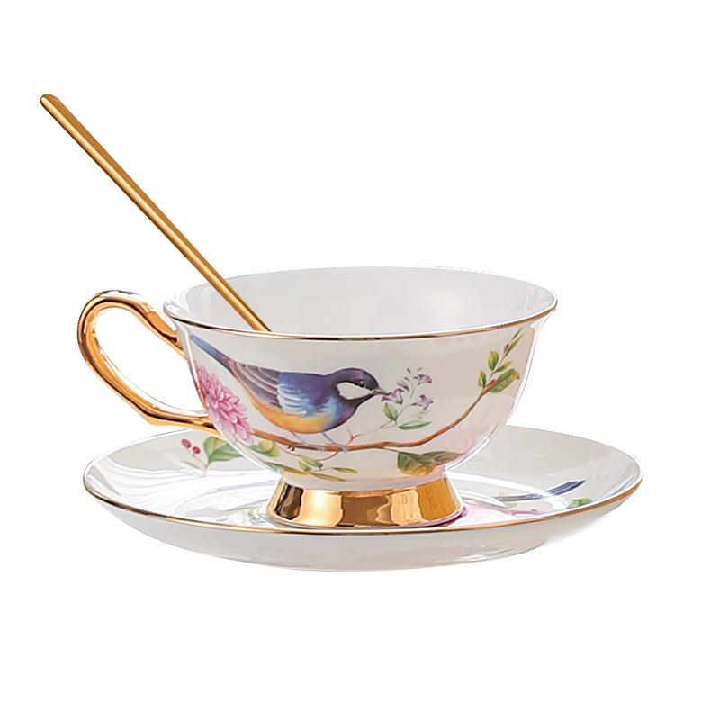 Набор кофейной чашки и блюдца из костяного фарфора, Премиальный подарочный набор, Набор чайника, чашки, блюдца и ложки с цветочным рисунком, Чашка с золотой ручкой  Пение птиц и аромат цветов .