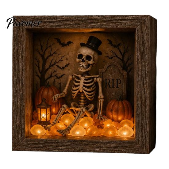 Handmade Halloween Room Decorations DIY Shadow Box Night Light Kit, 8.5 Inch Wooden Frame LED Craft Set with Fall Home Decor Projects Luminous Stones
