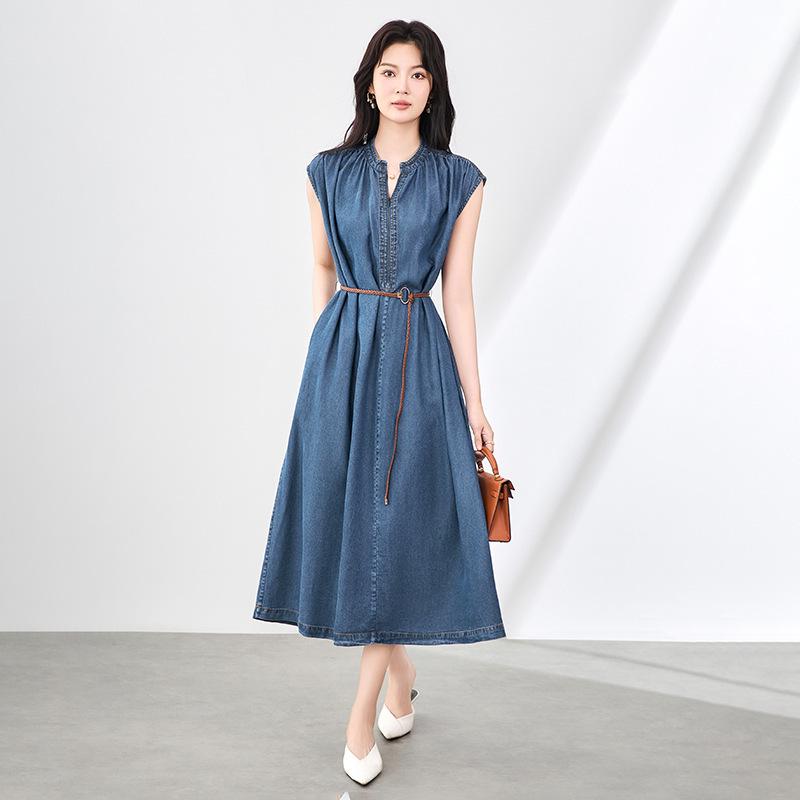 

Женское платье из лиоцелла Tencel денима: Повседневное и элегантное французское летнее длинное платье L синий