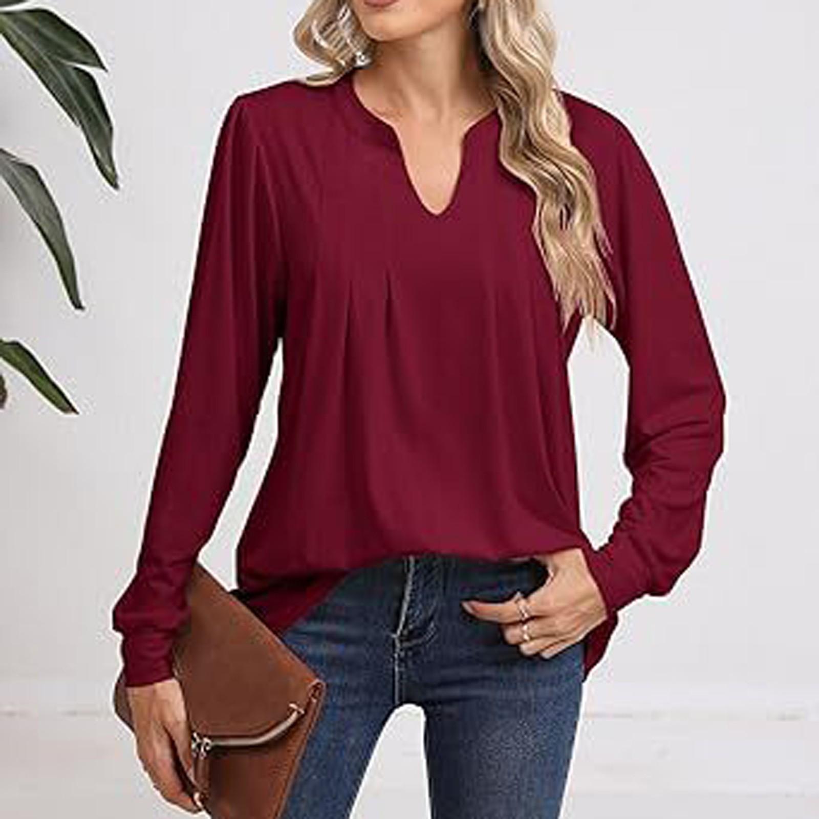 

Женская модная повседневная одежда с длинным рукавом, однотонные топы с V-образным вырезом L винный