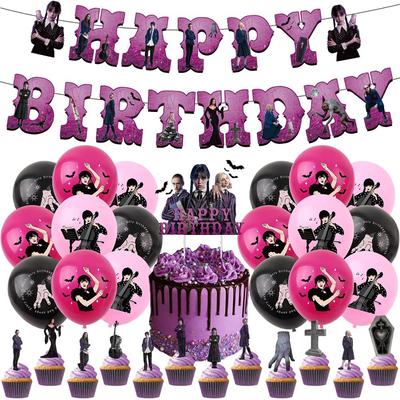 Wednesday Addams Birthday Party Decorations Include Cake Topper, Balloon Banner