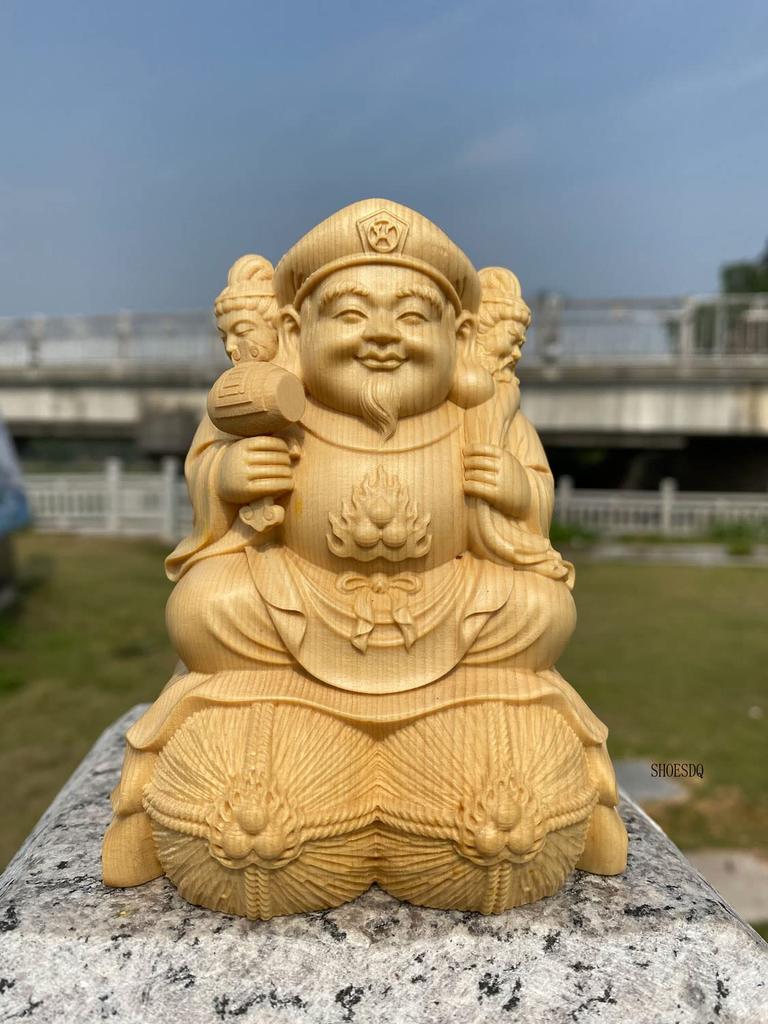 15cm Wooden Carved Buddha Made from Premium Cypress A guardian deity of career business and protection from Statue, Three-Faced Daikokuten, Wood.