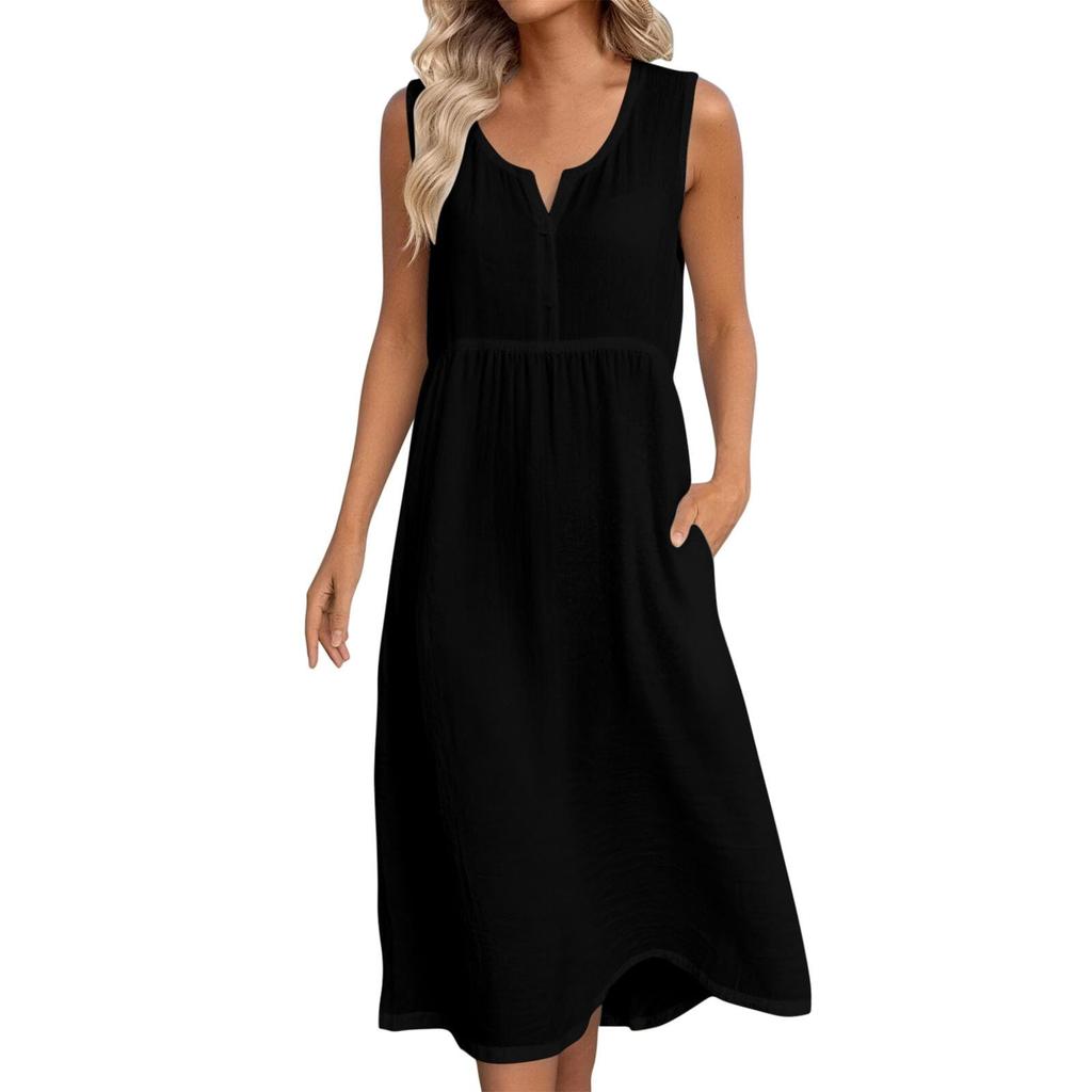 Sleeveless Midi Dress for Women Casual Loose Fit Summer Lightweight Soft Fabric V Neck Pullover Style with Pockets