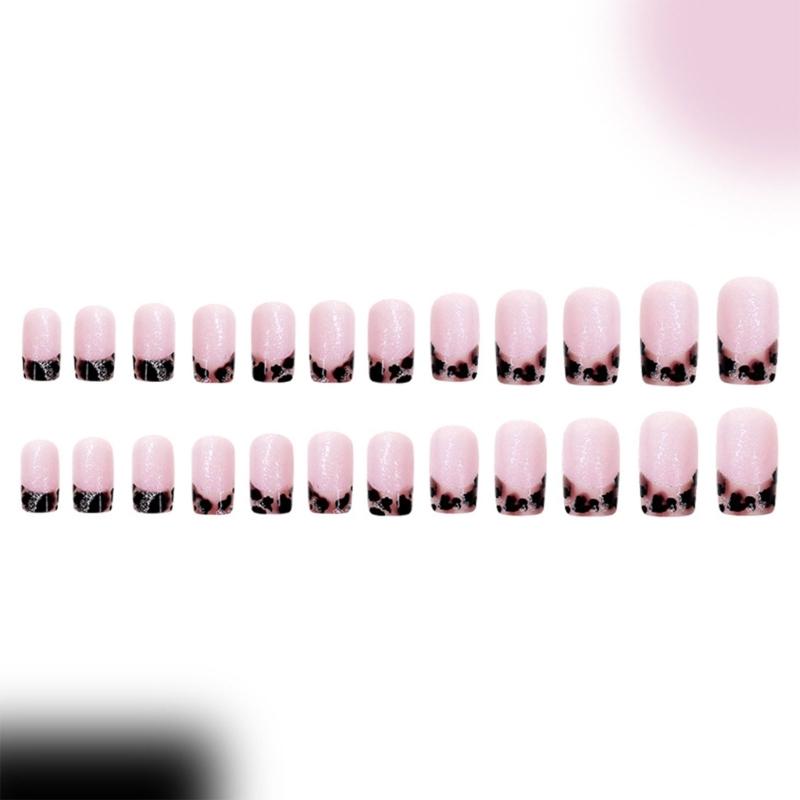 French Leopard Print Press On Nail Square Coffin Nail Medium Designs Full Cover Artificial Nail Stick on Nail 24Pcs